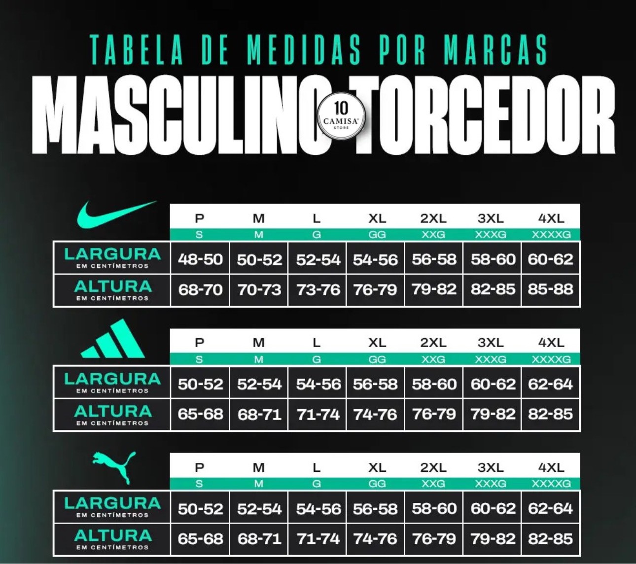 Tabela de tamanhos camisas